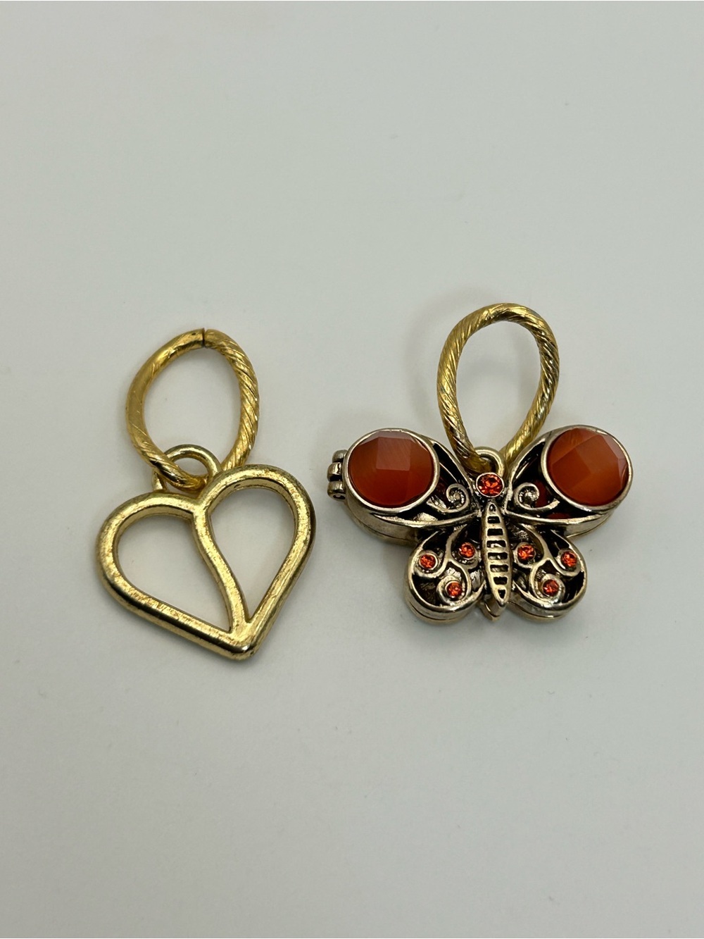 Gold-Tone Butterfly & Heart Pendants Orange Sparkle About 1.5" Drop - Picture 2 of 8